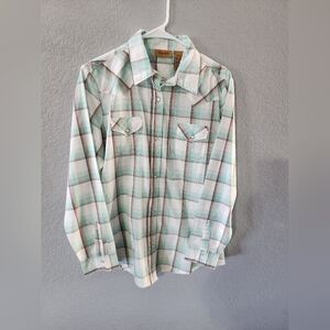 Wrangler Mint Green and White Plaid Western Shirt